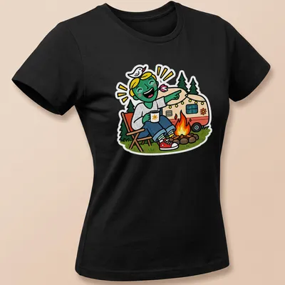 Colorful cartoon of a happy camper with a caravan and text Campfire Laugh — printed on a women's shirt