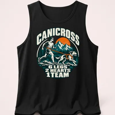 Retro mountain style Canicross t-shirt with dog and runner graphic — printed on a tank top