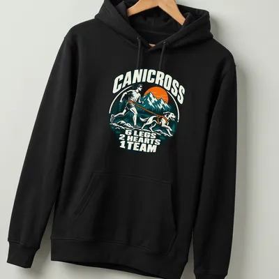 Retro mountain style Canicross t-shirt with dog and runner graphic — printed on a unisex hoodie