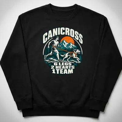 Retro mountain style Canicross t-shirt with dog and runner graphic — printed on a unisex sweatshirt