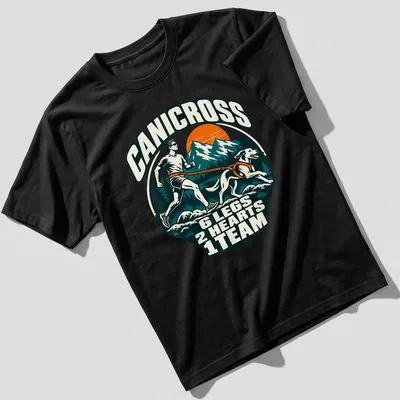 Retro mountain style Canicross t-shirt with dog and runner graphic — printed on a unisex t-shirt