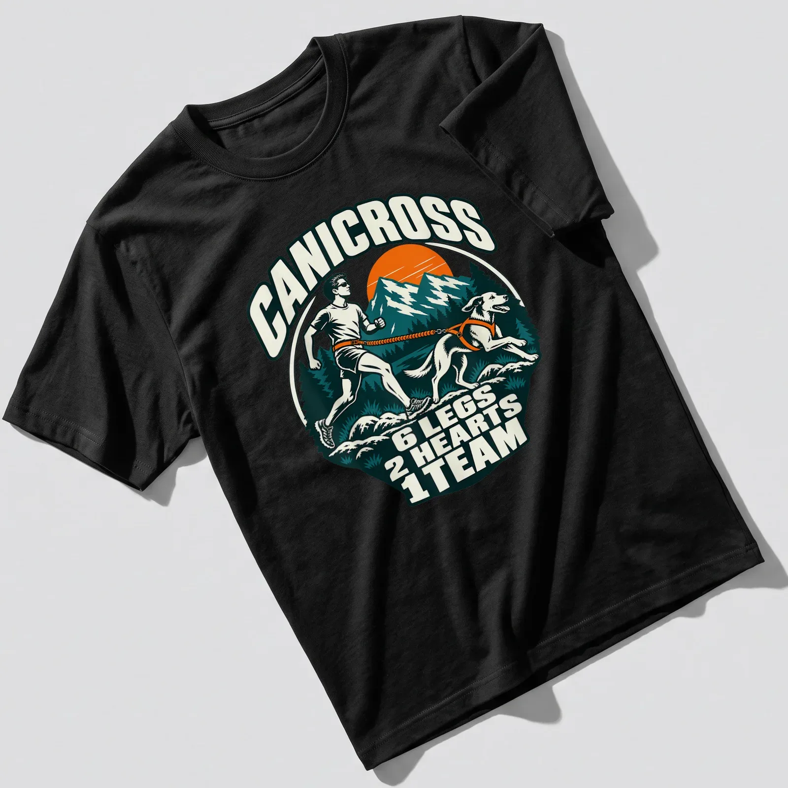 Retro mountain style Canicross t-shirt with dog and runner graphic — printed on a unisex t-shirt