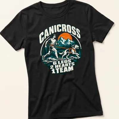 Retro mountain style Canicross t-shirt with dog and runner graphic — printed on a women's shirt