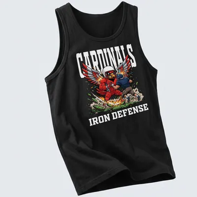 Cartoon Red Cardinal with wings and Cardinals Iron Defense text in bold colors — printed on a tank top