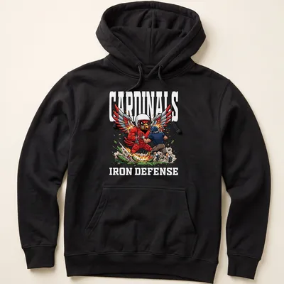Cartoon Red Cardinal with wings and Cardinals Iron Defense text in bold colors — printed on a unisex hoodie