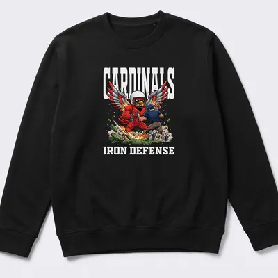 Cartoon Red Cardinal with wings and Cardinals Iron Defense text in bold colors — printed on a unisex sweatshirt