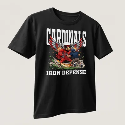 Cartoon Red Cardinal with wings and Cardinals Iron Defense text in bold colors — printed on a unisex t-shirt (angled view)