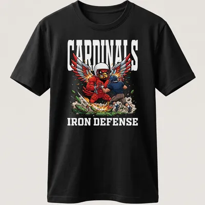 Cartoon Red Cardinal with wings and Cardinals Iron Defense text in bold colors — printed on a unisex t-shirt