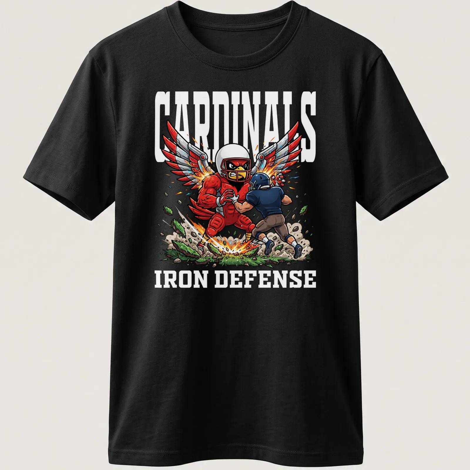 Cartoon Red Cardinal with wings and Cardinals Iron Defense text in bold colors — printed on a unisex t-shirt