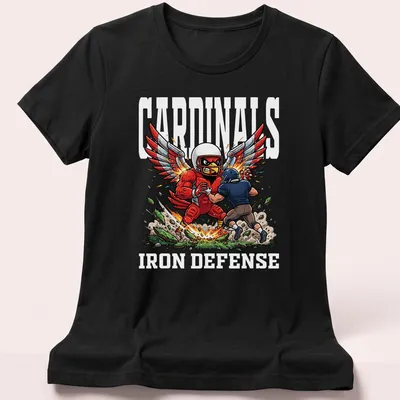 Cartoon Red Cardinal with wings and Cardinals Iron Defense text in bold colors — printed on a women's shirt