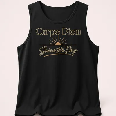 Elegant script Carpe Diem t-shirt with a serene sunrise design in warm colors — printed on a tank top