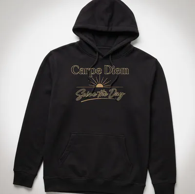 Elegant script Carpe Diem t-shirt with a serene sunrise design in warm colors — printed on a unisex hoodie