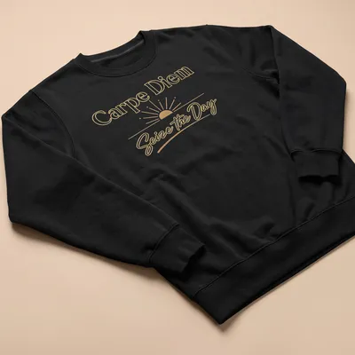 Elegant script Carpe Diem t-shirt with a serene sunrise design in warm colors — printed on a unisex sweatshirt