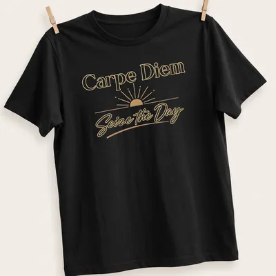 Elegant script Carpe Diem t-shirt with a serene sunrise design in warm colors