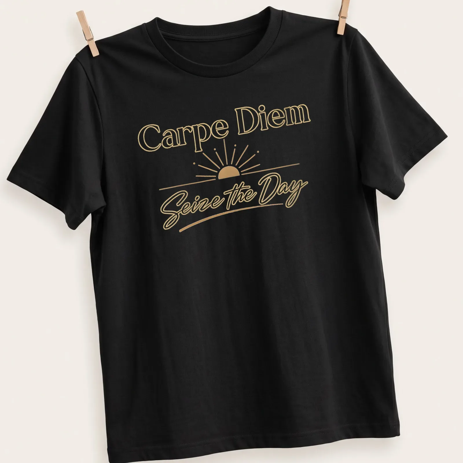 Elegant script Carpe Diem t-shirt with a serene sunrise design in warm colors — printed on a unisex t-shirt