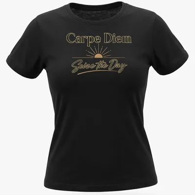 Elegant script Carpe Diem t-shirt with a serene sunrise design in warm colors — printed on a women's shirt