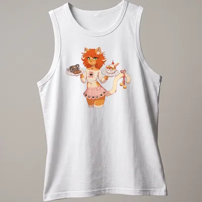 Kawaii Catboy serving desserts at a cat cafe with colorful text above — printed on a tank top