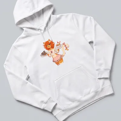 Kawaii Catboy serving desserts at a cat cafe with colorful text above — printed on a unisex hoodie