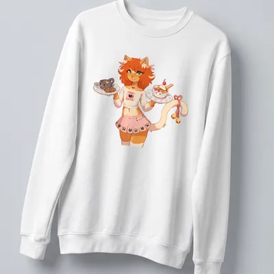 Kawaii Catboy serving desserts at a cat cafe with colorful text above — printed on a unisex sweatshirt
