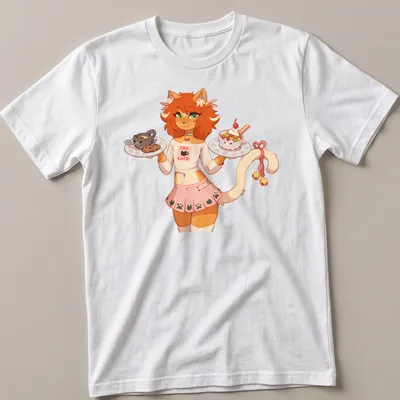 Kawaii Catboy serving desserts at a cat cafe with colorful text above — printed on a unisex t-shirt
