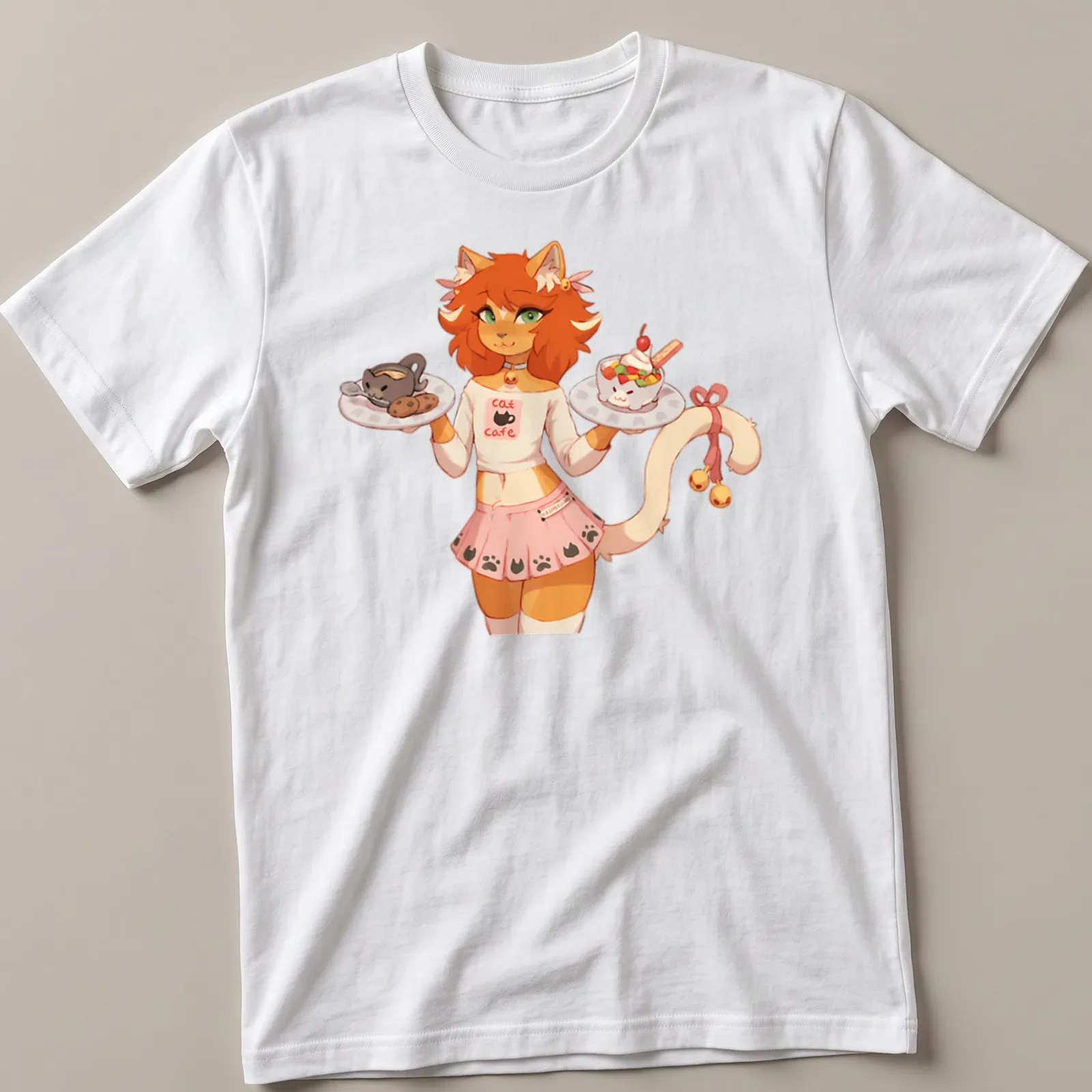 Kawaii Catboy serving desserts at a cat cafe with colorful text above — printed on a unisex t-shirt