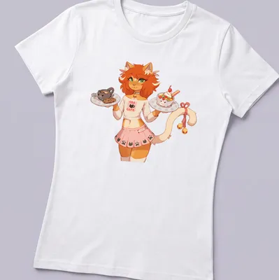 Kawaii Catboy serving desserts at a cat cafe with colorful text above — printed on a women's shirt