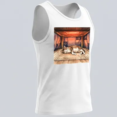 Watercolor print of a tabby cat napping under a kotatsu with the text above. — printed on a tank top