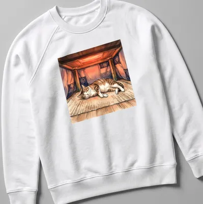 Watercolor print of a tabby cat napping under a kotatsu with the text above. — printed on a unisex sweatshirt