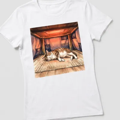 Watercolor print of a tabby cat napping under a kotatsu with the text above. — printed on a women's shirt