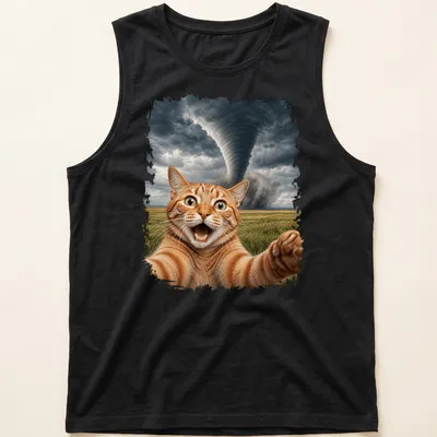 Realistic print of an orange tabby cat taking a selfie with a tornado in the background. — printed on a tank top