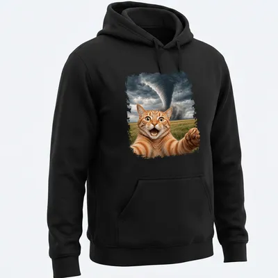Realistic print of an orange tabby cat taking a selfie with a tornado in the background. — printed on a unisex hoodie