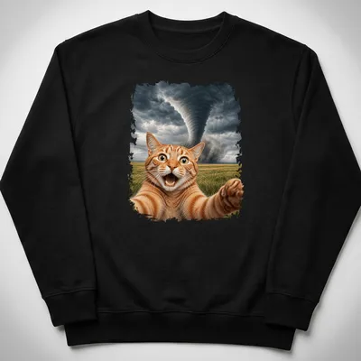 Realistic print of an orange tabby cat taking a selfie with a tornado in the background. — printed on a unisex sweatshirt