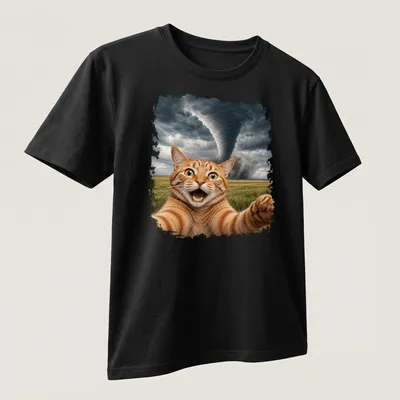 Realistic print of an orange tabby cat taking a selfie with a tornado in the background. — printed on a unisex t-shirt (angled view)