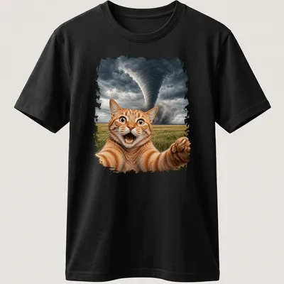 Realistic print of an orange tabby cat taking a selfie with a tornado in the background.