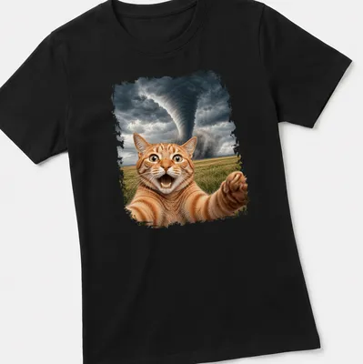 Realistic print of an orange tabby cat taking a selfie with a tornado in the background. — printed on a women's shirt