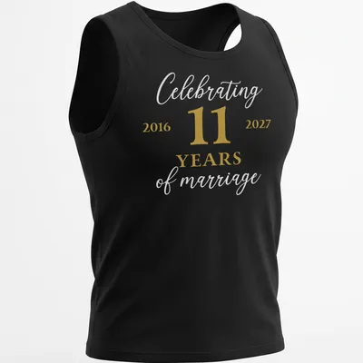 Elegant t-shirt celebrating 11 years of marriage with gold and white lettering. — printed on a tank top