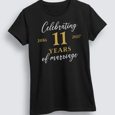Elegant t-shirt celebrating 11 years of marriage with gold and white lettering. — printed on a women's shirt