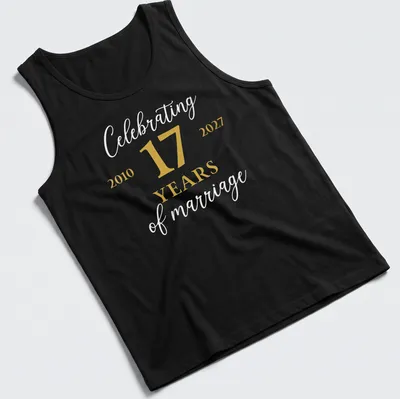 Elegant script t-shirt celebrating 17 years of marriage in gold and white. — printed on a tank top