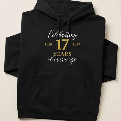 Elegant script t-shirt celebrating 17 years of marriage in gold and white. — printed on a unisex hoodie