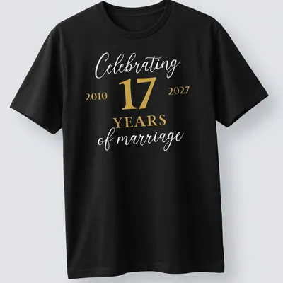 Elegant script t-shirt celebrating 17 years of marriage in gold and white. — printed on a unisex t-shirt