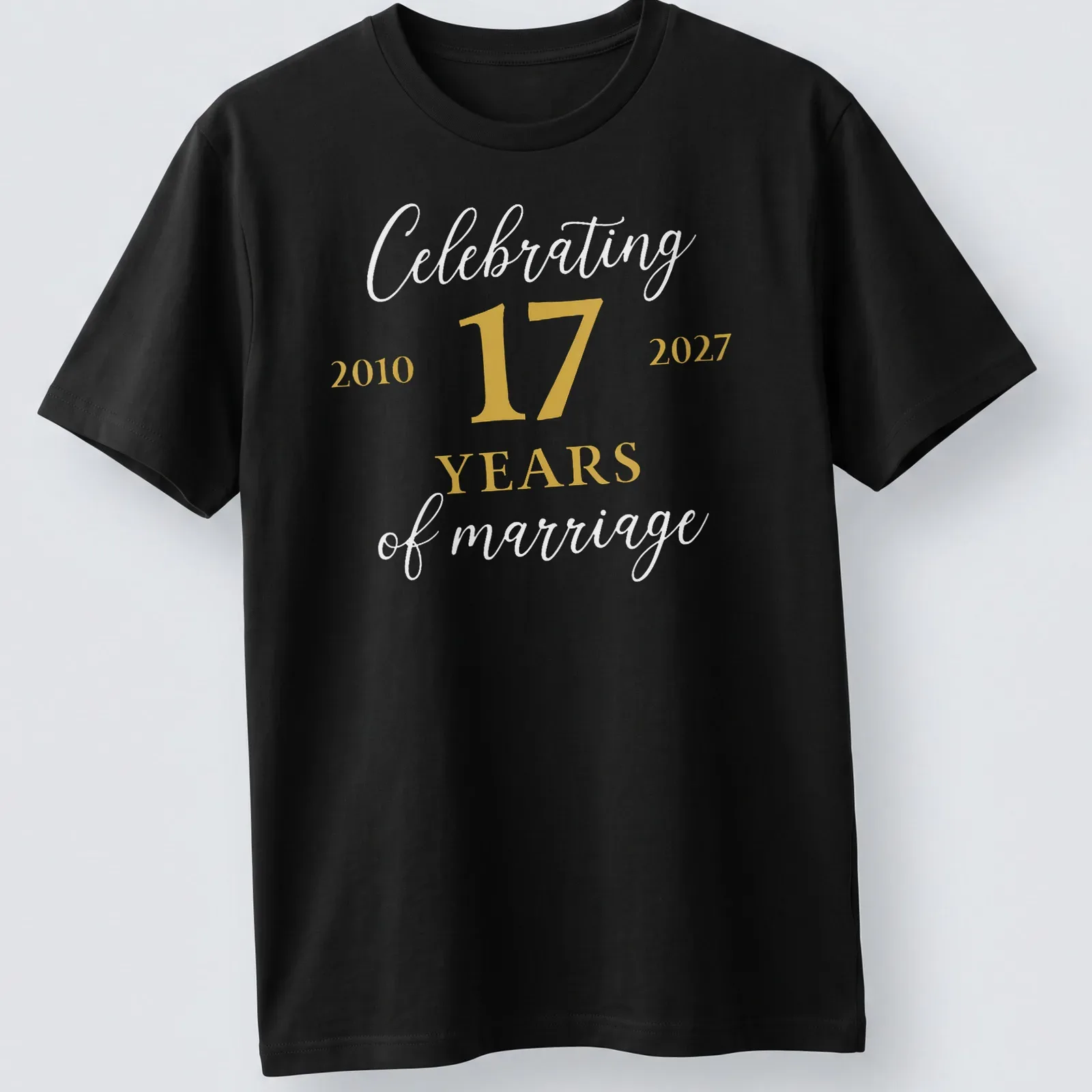 Elegant script t-shirt celebrating 17 years of marriage in gold and white. — printed on a unisex t-shirt