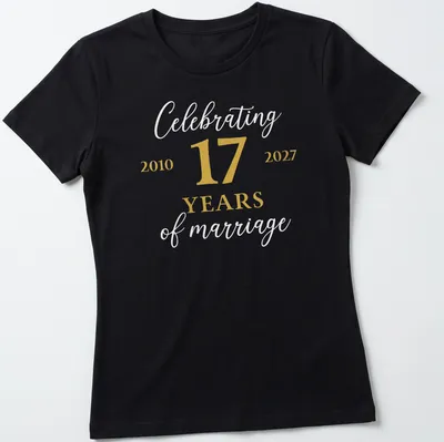Elegant script t-shirt celebrating 17 years of marriage in gold and white. — printed on a women's shirt