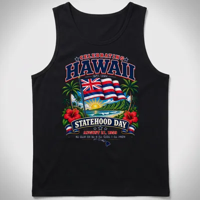 T-shirt featuring Hawaiian flag in a vibrant retro style celebrating statehood. — printed on a tank top