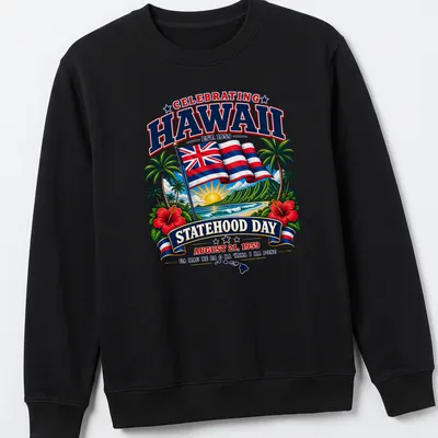 T-shirt featuring Hawaiian flag in a vibrant retro style celebrating statehood. — printed on a unisex sweatshirt