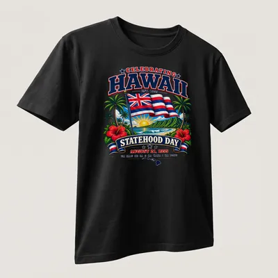 T-shirt featuring Hawaiian flag in a vibrant retro style celebrating statehood. — printed on a unisex t-shirt (angled view)