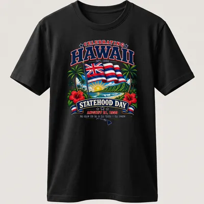 T-shirt featuring Hawaiian flag in a vibrant retro style celebrating statehood.