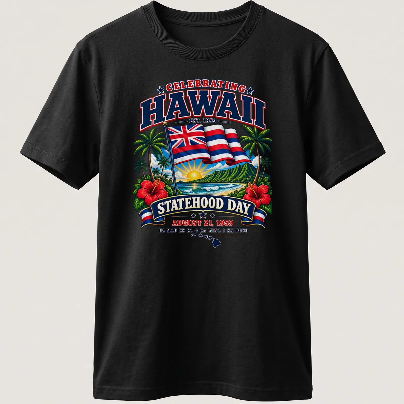 T-shirt featuring Hawaiian flag in a vibrant retro style celebrating statehood. — printed on a unisex t-shirt