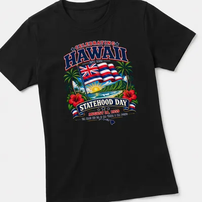 T-shirt featuring Hawaiian flag in a vibrant retro style celebrating statehood. — printed on a women's shirt