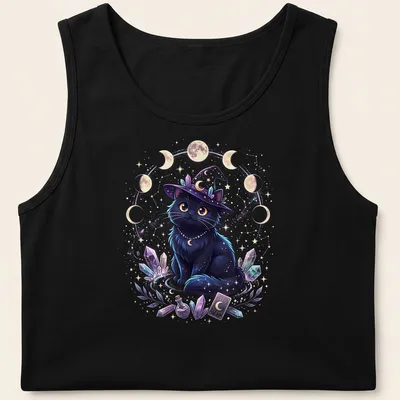 Kawaii black cat wearing a witch hat with moon cycles in pastel colors — printed on a tank top