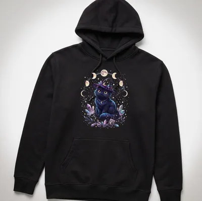 Kawaii black cat wearing a witch hat with moon cycles in pastel colors — printed on a unisex hoodie